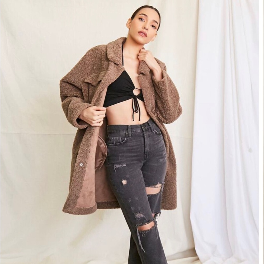 Faux Shearling Open-Front Coat